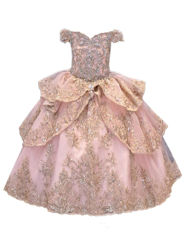 Big Girls Blush Glittery Gold Embroidered Off Shoulder Ball Gown 8-16 - SophiasStyle.com